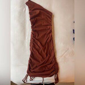 Rust Brown/Burnt Orange One Shoulder Ruched Dress